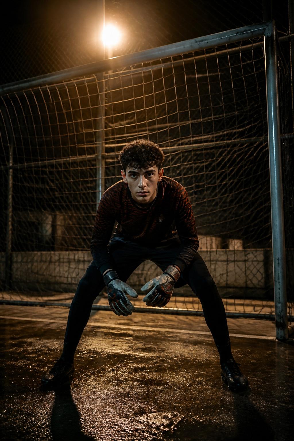 Street football goalkeeper set in goal under floodlights